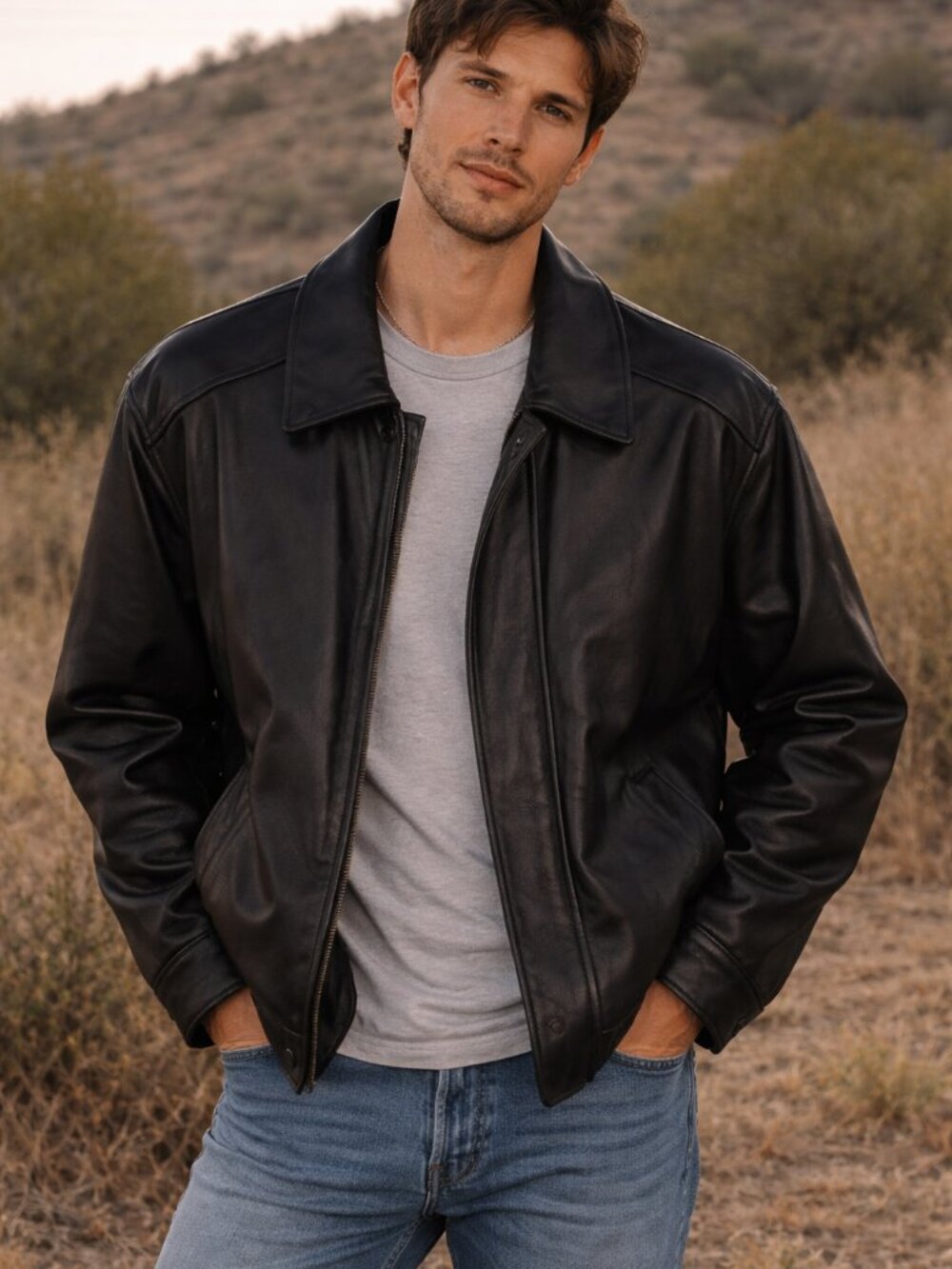 Vintage‎ Eddie Bauer Men's Brown Full Zip Heavy 100% Leather Bomber Jacket Sz L